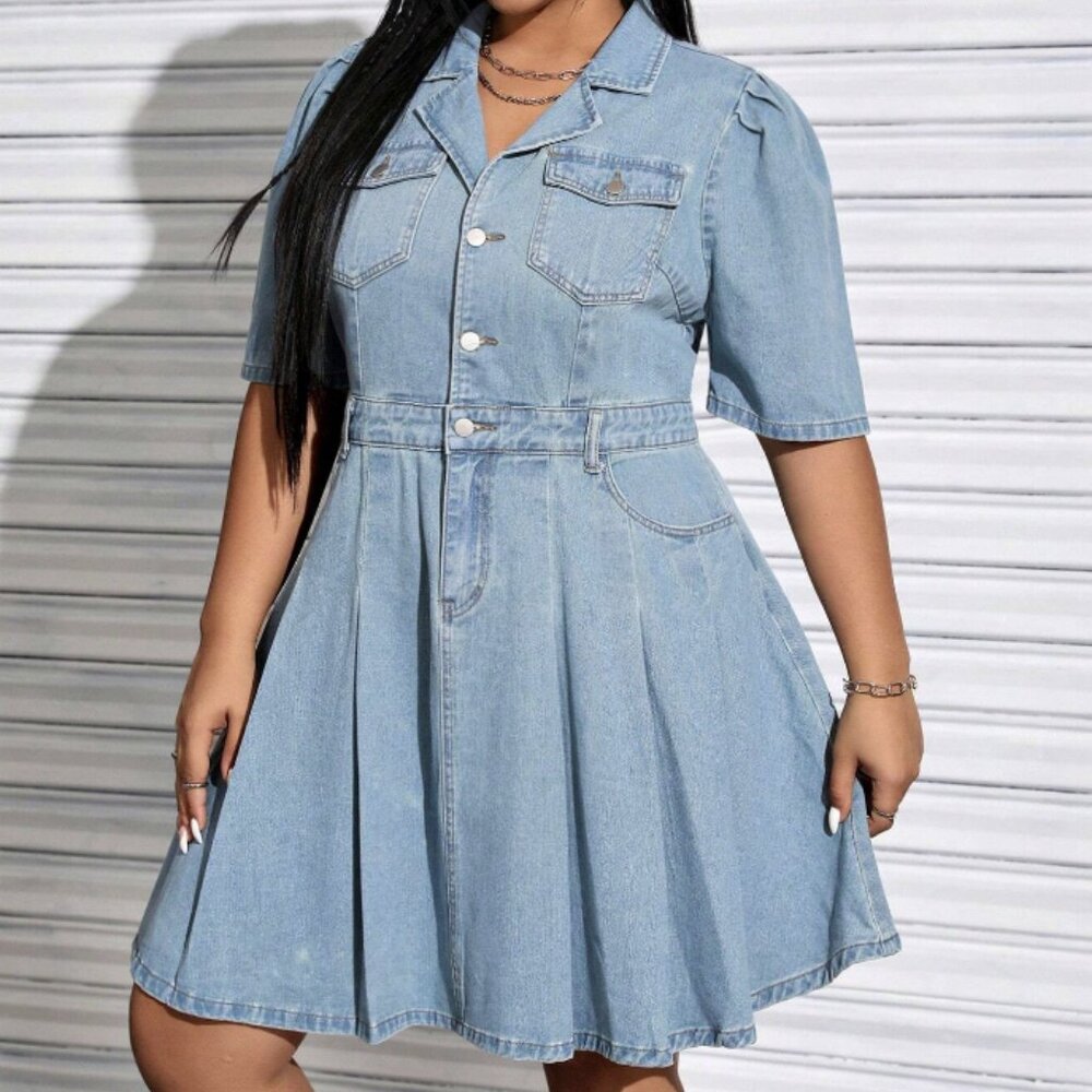 GOTH COWGIRL BOHO BLUE SHORT PUFF SLEEVE PLEATED SKATER DENIM DRESS AS 2X US 16